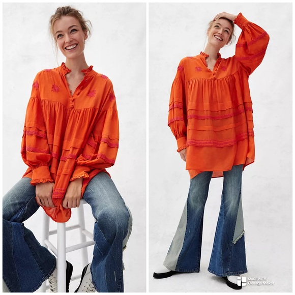 Anthropologie Jacqueline Orange Embroidery Tunic Top Size XL - Picture 3 of 16